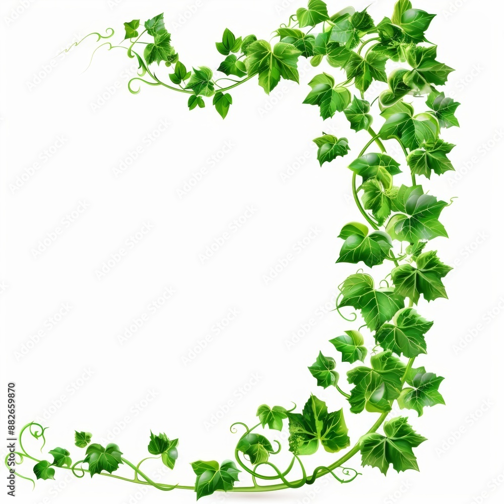 A lush green ivy vine forms a crescent shape, perfect for framing a design or text. Isolated on white. A lush green ivy vine forms a crescent shape, perfect for framing a design or text. Isolated on white.