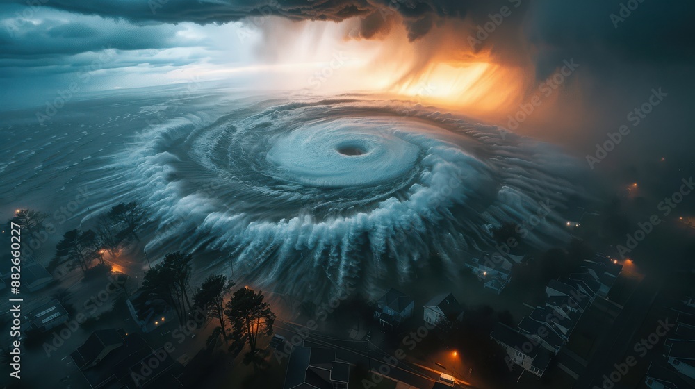 Aerial view of a colossal hurricane swirling over a suburban ...