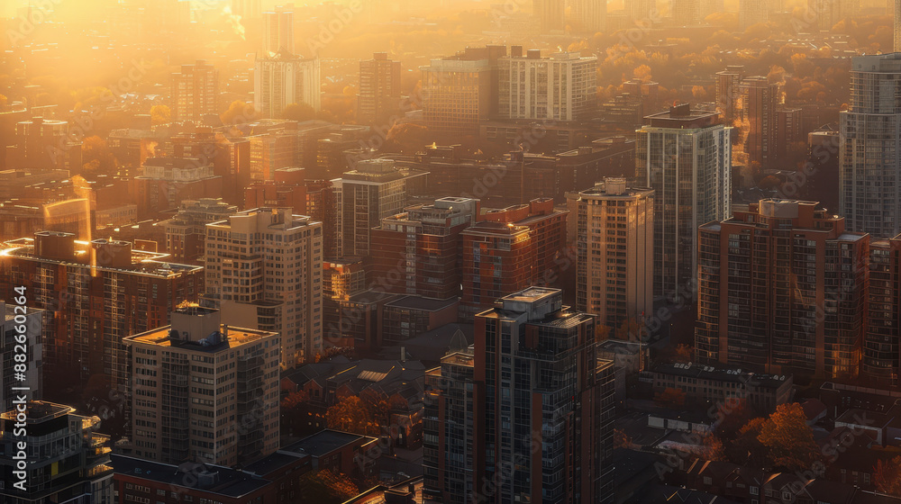 Obraz premium A cityscape during golden hour, with the sun casting long shadows and illuminating the buildings in a warm glow