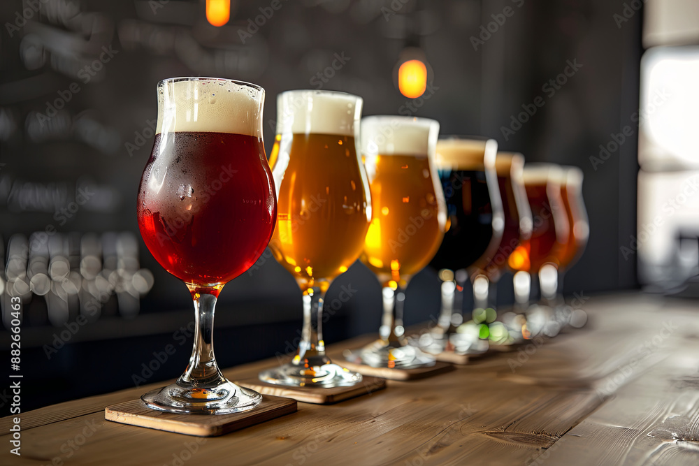 Glasses with different sorts of craft beer on a wooden bar Glasses with different sorts of craft beer on a wooden bar