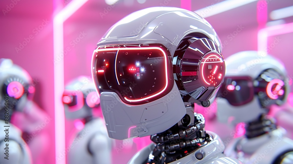 Robots and humans in a futuristic setting, illuminated by vibrant lights. Illustration, Image, , Minimalism, Robots and humans in a futuristic setting, illuminated by vibrant lights. Illustration, Image, , Minimalism,
