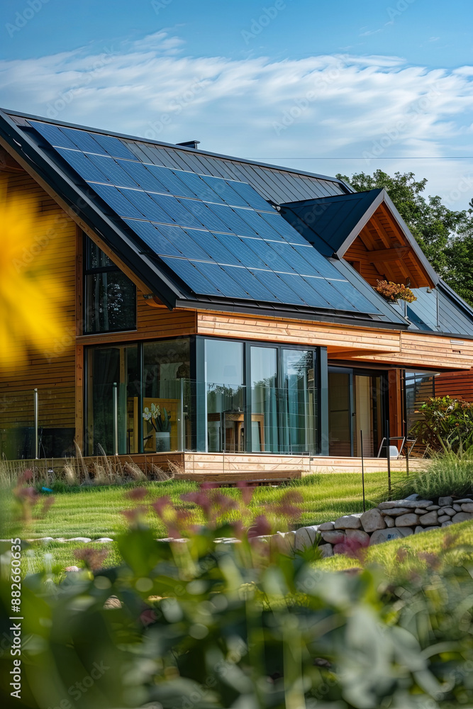 Modern eco-friendly passive house with solar panels on the rooftop ...