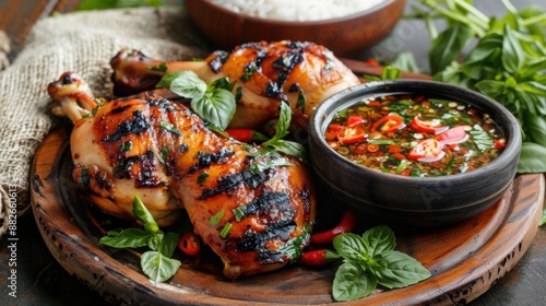 Delicious grilled chicken with fresh herbs and a tangy dipping sauce, perfect for a flavorful meal or summer barbecue. photo