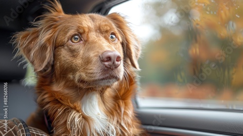 A dog in the car, in a box, on a trip, a Nova Scotia Duck Tolling Retriever outdoors, looking adventurous