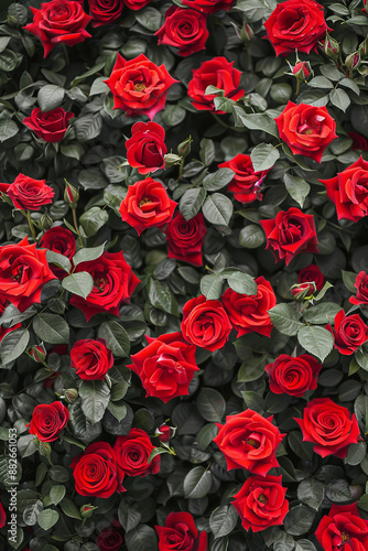 Fototapeta Naklejka Na Ścianę i Meble -  Natural fresh red roses flowers pattern wallpaper, top view