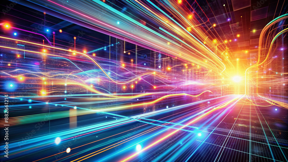 Vibrant futuristic abstract background depicts rapid data transmission with streaks of light, circuits, and digital waves, conveying speed and efficiency in digital communication. Vibrant futuristic abstract background depicts rapid data transmission with streaks of light, circuits, and digital waves, conveying speed and efficiency in digital communication.