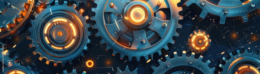 Close-up of Interlocking Metal Gears with Glowing Orange Lights in a Futuristic Industrial Setting Close-up of Interlocking Metal Gears with Glowing Orange Lights in a Futuristic Industrial Setting