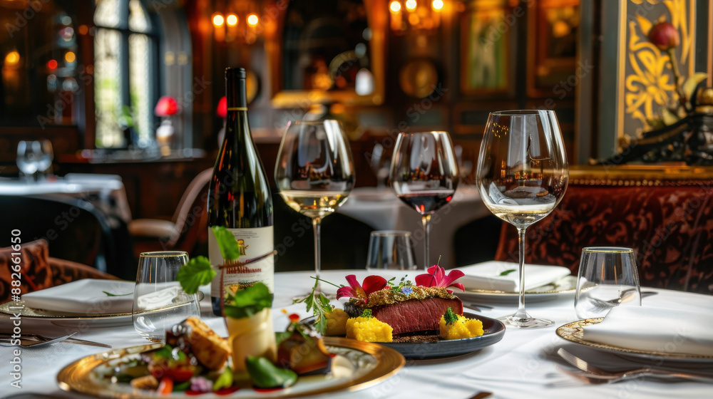 A dining table in a luxurious restaurant, with gourmet dishes, fine wine, and a sophisticated ambiance A dining table in a luxurious restaurant, with gourmet dishes, fine wine, and a sophisticated ambiance