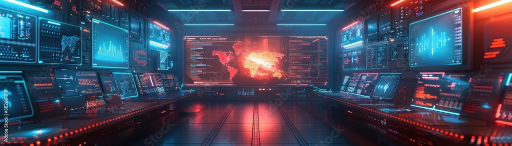 Futuristic Control Room with Advanced Technology and Digital Interfaces in a Sci-Fi Setting Futuristic Control Room with Advanced Technology and Digital Interfaces in a Sci-Fi Setting