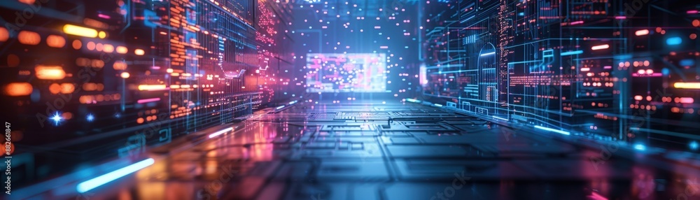 Futuristic Digital Data Center with Neon Lights and High-Tech Circuit Boards Futuristic Digital Data Center with Neon Lights and High-Tech Circuit Boards