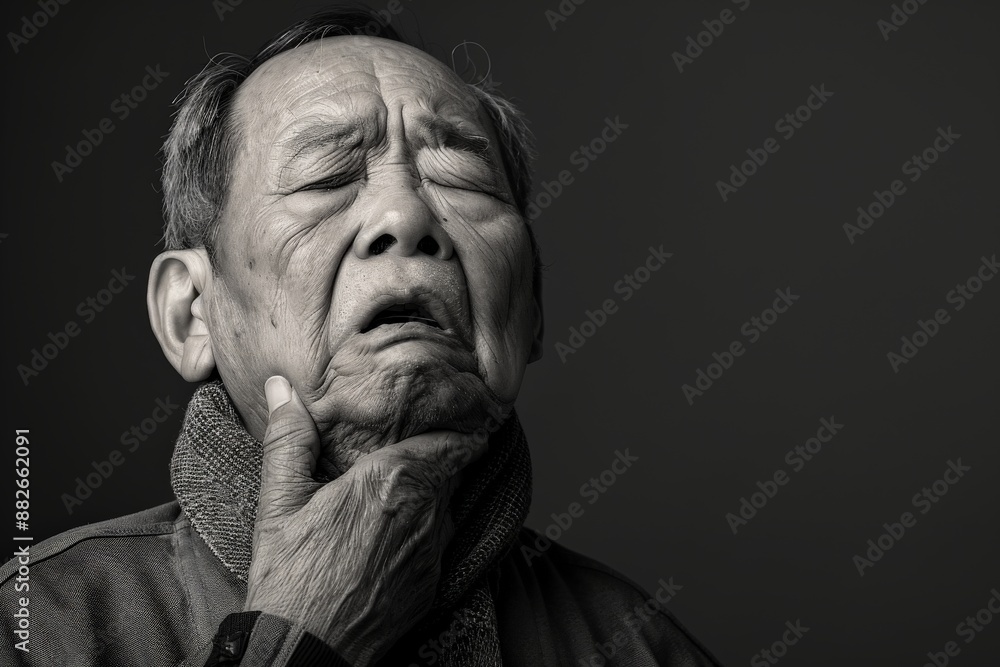 Fototapeta premium An elderly man grimaces with his hand on his chin