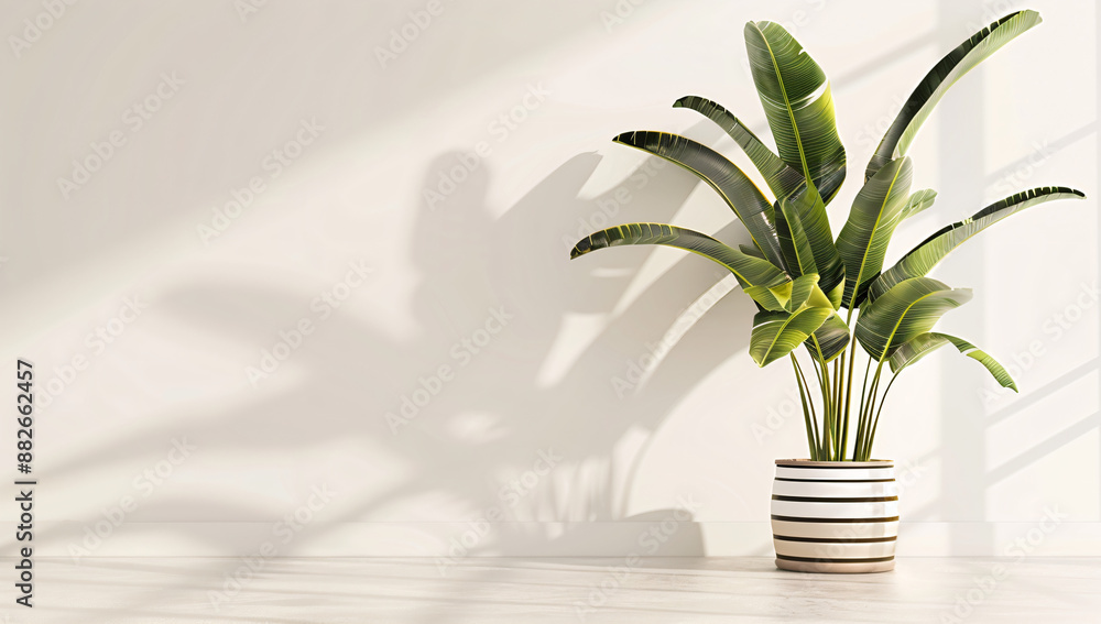 Tropical Plant in Pot with Shadow on White Wall. Tropical Plant in Pot with Shadow on White Wall.