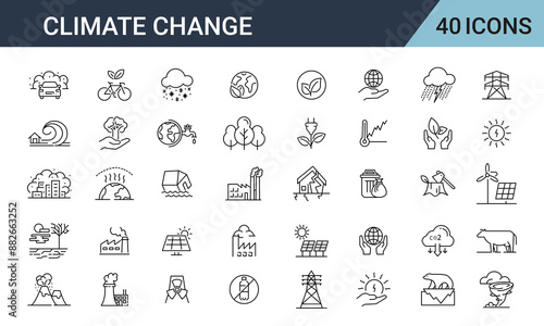 Climate Change Line Editable Icons set. Includes factory, oil barrel, plastic, save earth, energy, waste, and More.