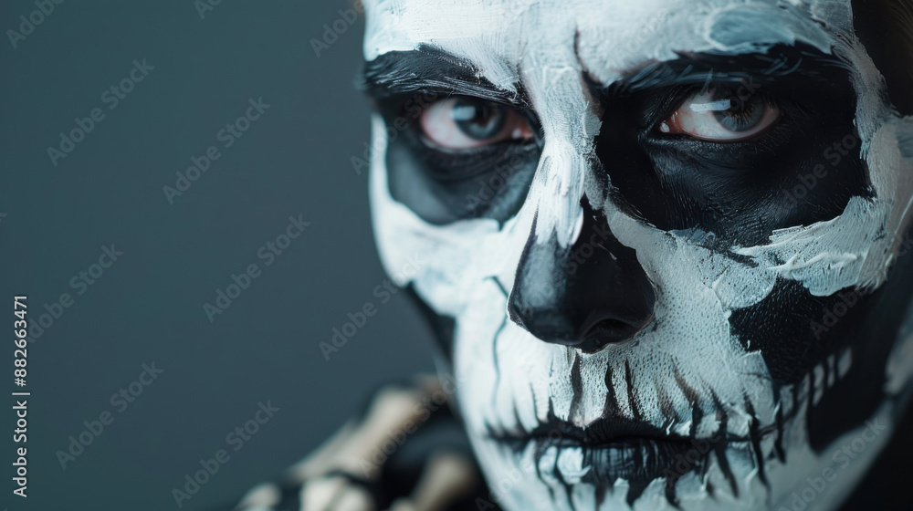 Naklejka premium A Halloween-inspired face paint of a spooky skeleton, with dark and eerie details