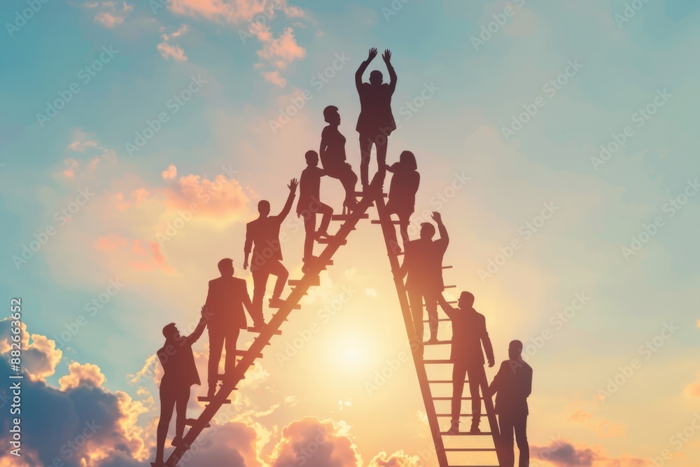 Fototapeta premium Teamwork and Success: A Group of Silhouettes Climbing a Ladder Towards a Bright Future