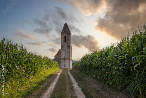 Old Catholic church, ruins in the middle of the corn field. Landscape shot at sunset Pusztatorony Hager, Somogyvámos Balaton, Hungary photo