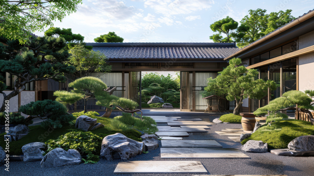 A Japanese house with an elegant entrance gate, stone pathway, and carefully pruned bonsai trees A Japanese house with an elegant entrance gate, stone pathway, and carefully pruned bonsai trees