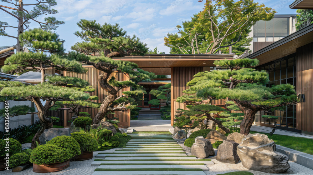Fototapeta premium A Japanese house with an elegant entrance gate, stone pathway, and carefully pruned bonsai trees