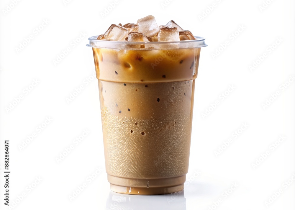 Refreshing iced coffee in a clear plastic takeaway glass with condensation, isolated on a crisp white background, providing ample copy space for text or design. Refreshing iced coffee in a clear plastic takeaway glass with condensation, isolated on a crisp white background, providing ample copy space for text or design.