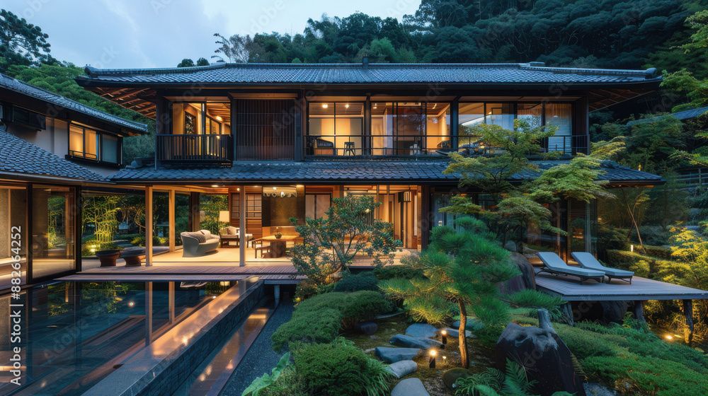 Obraz premium A luxurious Japanese villa with an open-air onsen, surrounded by lush greenery