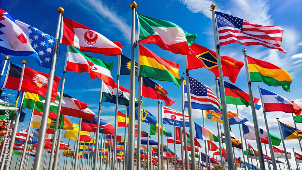 Colorful flags of various countries from around the world wave gently in the breeze, densely packed on a white background, creating a vibrant and patriotic display. Colorful flags of various countries from around the world wave gently in the breeze, densely packed on a white background, creating a vibrant and patriotic display.