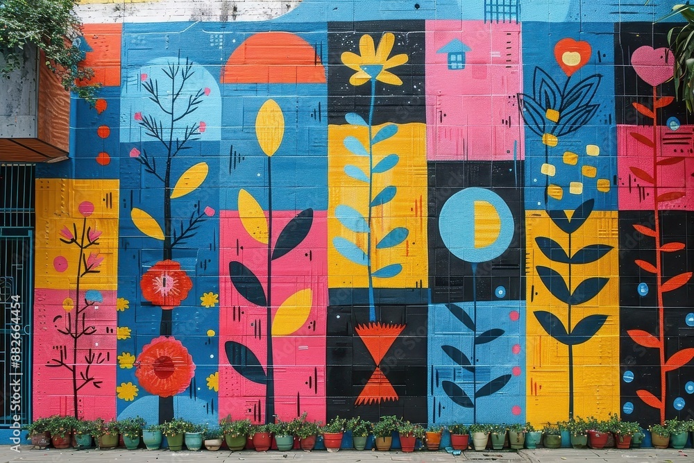Obraz premium Vibrant mural depicting interconnectedness of e-commerce, carbon footprint, and tree planting.
