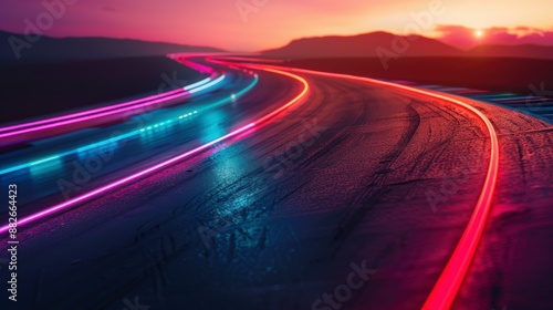 Night car racing track with neon lights