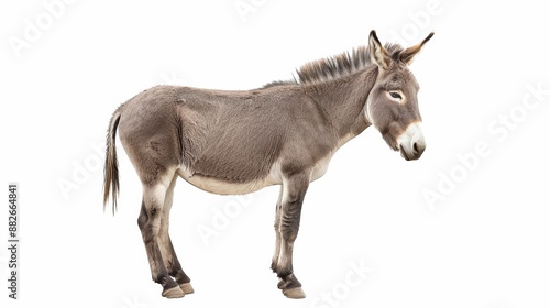 A donkey standing alone on a white background