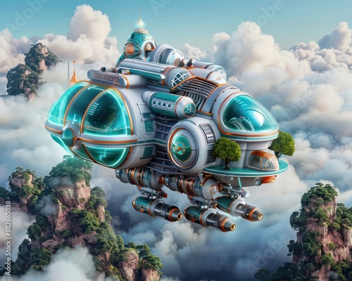 A Futuristic Flying Machine Begins Its Journey Through the Clouds, Soaring High Above Lush Mountains in a Breathtaking Airborne Adventure photo