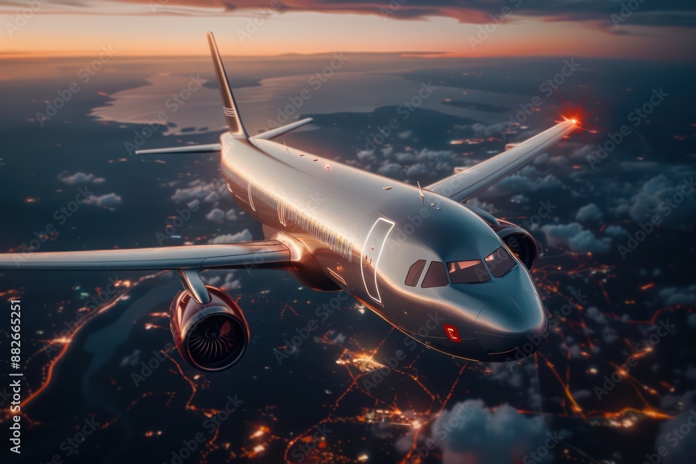 Obraz premium Commercial Airplane Ascending Through the Clouds at Sunset, A Stunning Image of Air Travel and Transportation, Perfect for Travel Bloggers and Aviation Enthusiasts