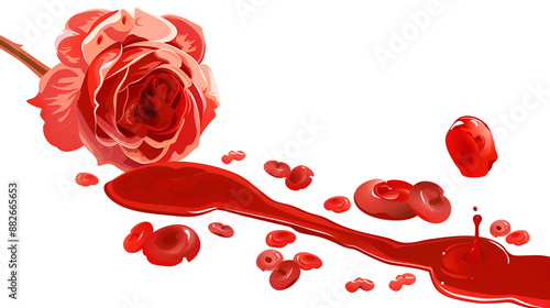 Blood splatter on white background,
 Red rose and drops of blood on a white background