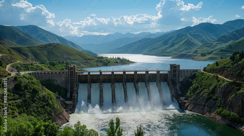 A massive dam with cascading water, surrounded by lush green mountains and a clear blue sky A massive dam with cascading water, surrounded by lush green mountains and a clear blue sky