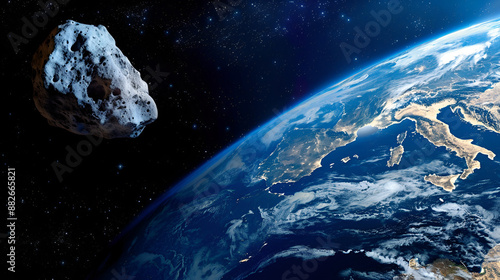  Earth from space featuring a detailed asteroid near,
A satellite view of a vast landscape capturing