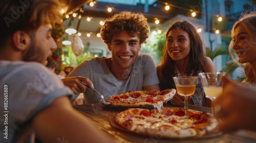 Multi-ethnic young people cafe night, share the Italian food pizza happy hour, eat delicious Italian pizza. Young men and women chatted happily on the terrace, food and drink concepts