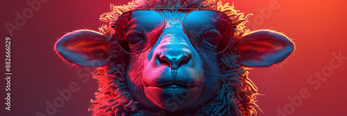 A poster for a sheep with a blue and red backgroud,
A sheep with a blue face and a pink background

