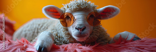 Lamb on chair,
Cute young lamb looking at camera in fluffy 
