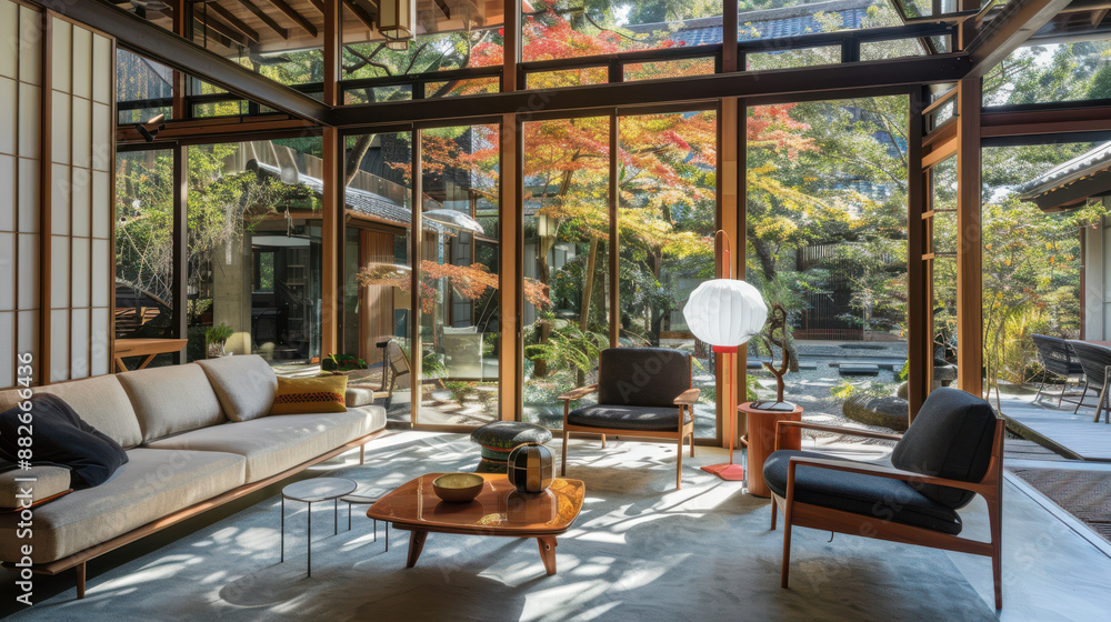 A modern Japanese home blending traditional elements with contemporary design, featuring large glass windows overlooking nature A modern Japanese home blending traditional elements with contemporary design, featuring large glass windows overlooking nature