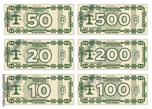 A set of play money. Isolated on white background. Vector illustration.
