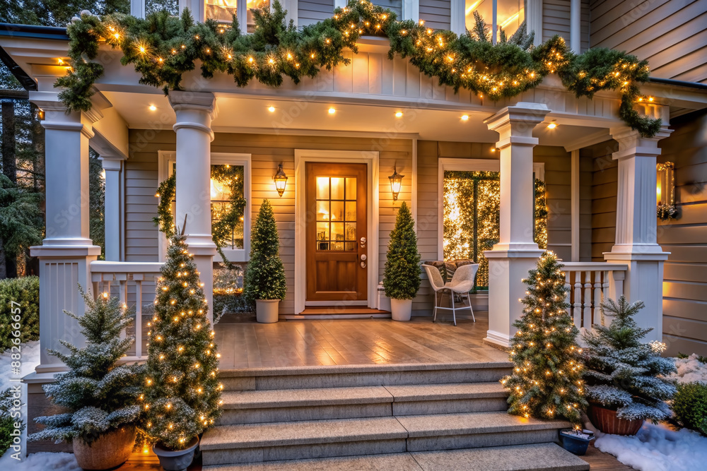 Fototapeta premium Elegant contemporary porch adorned with silver toned Christmas decorations, garlands, and ornaments, surrounded by lush greenery and warm twinkling string lights on a winter evening.