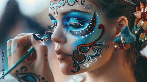 A professional face painter creating a detailed, artistic design on a client's face