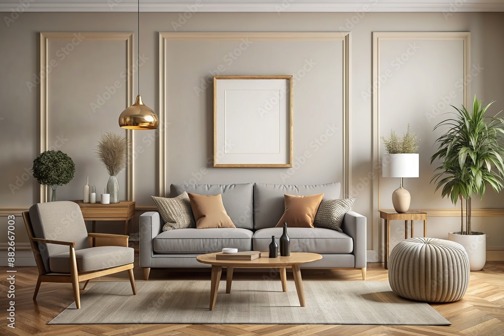 Elegant empty frame on a modern living room wall with a neutral background, surrounded by stylish furniture and decorative elements, ready for your artwork. Elegant empty frame on a modern living room wall with a neutral background, surrounded by stylish furniture and decorative elements, ready for your artwork.