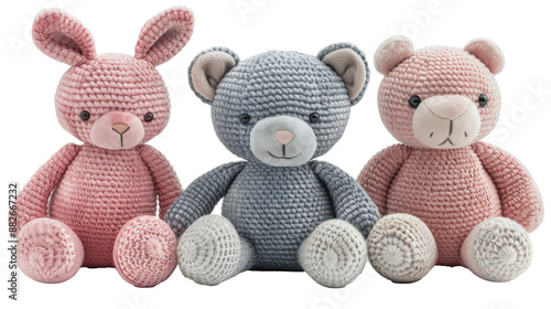 set of 3 stuffed animals toys cut out on PNG format