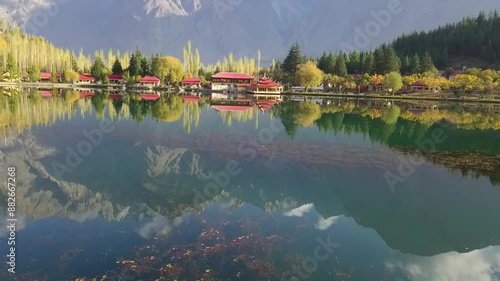 aerial video of lower kachura lake and shangrila resort in skardu, gilgit baltistan, Pakistan 