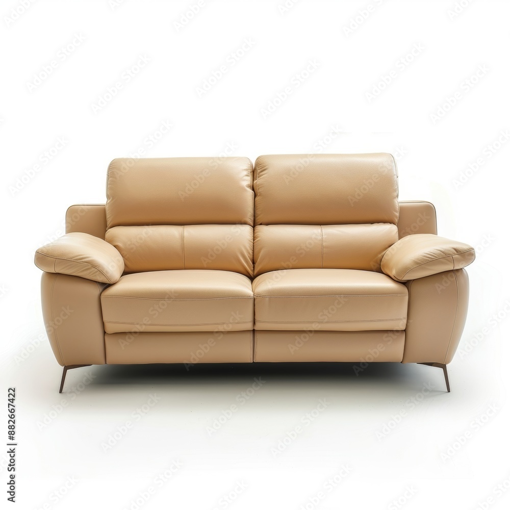 Fototapeta premium Beige leather sofa with a modern design and sleek lines, isolated on a white background.