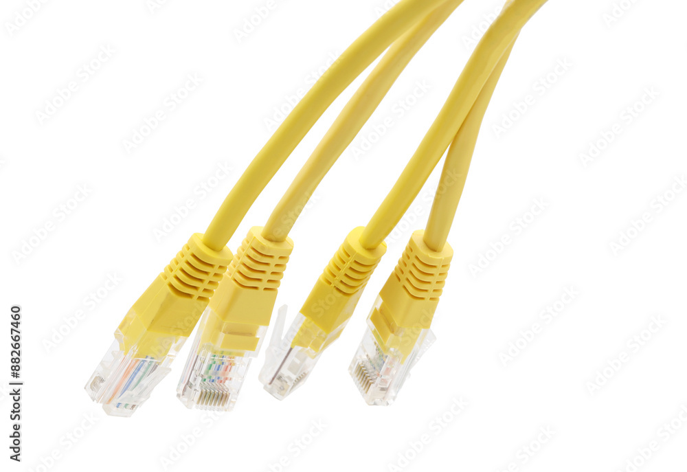 Yellow network cables with molded RJ45 plug on transparent background (PNG File) Yellow network cables with molded RJ45 plug on transparent background (PNG File)