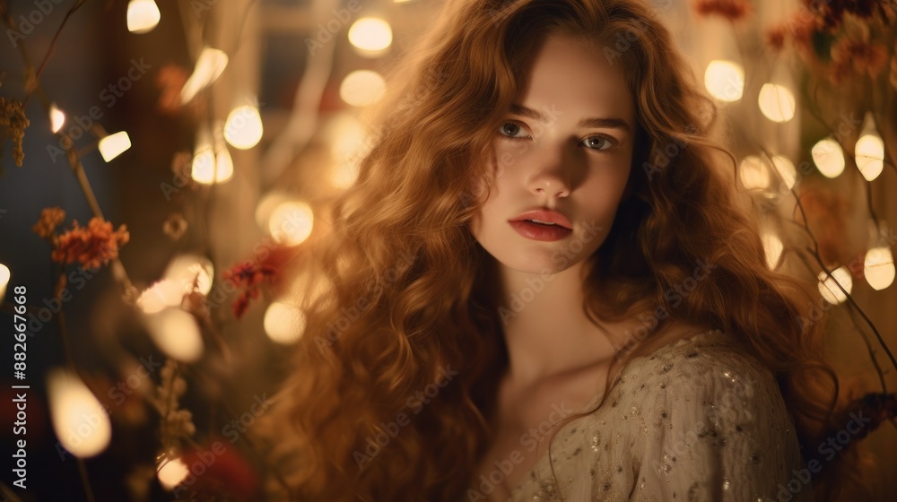 A quiet woman with natural makeup and wavy hair surrounded by a floral atmosphere. A quiet woman with natural makeup and wavy hair surrounded by a floral atmosphere.
