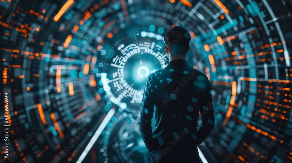 Obraz premium Man Exploring Advanced Technology in a High-Tech Tunnel Interface
