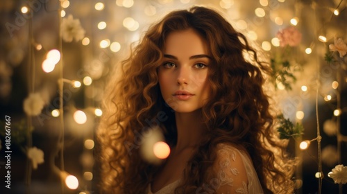 A quiet woman with natural makeup and wavy hair surrounded by a floral atmosphere.