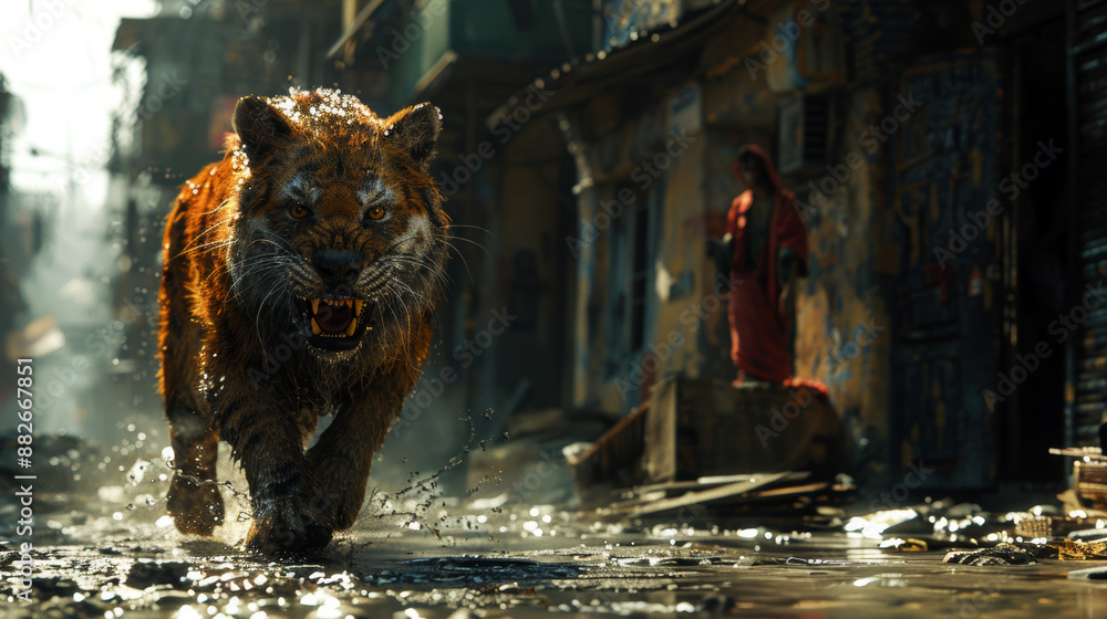 Fototapeta premium A tiger is running through a city street, with a woman in a red dress standing nearby. The scene is chaotic and disordered, with debris and trash scattered throughout the area. The tiger's fur is wet
