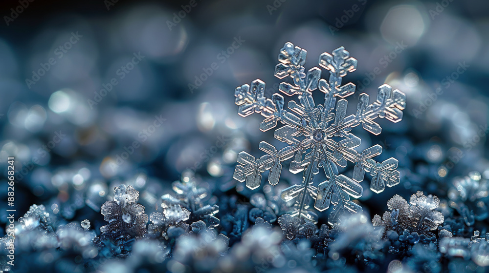 A snowflake is sitting on top of a pile of snow. The snowflake is surrounded by a blurry background, giving the image a dreamy and ethereal quality A snowflake is sitting on top of a pile of snow. The snowflake is surrounded by a blurry background, giving the image a dreamy and ethereal quality